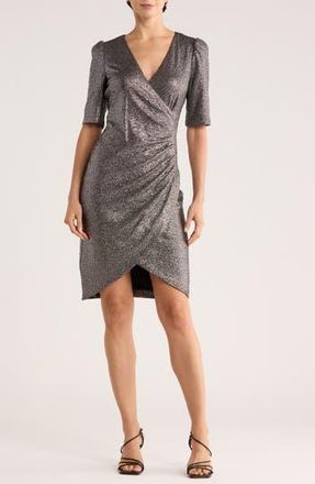 Calvin Klein Metallic Short Sleeve Faux Wrap Dress in Black/Silver at Nordstrom Rack, Size 4