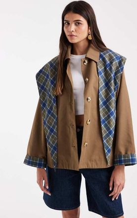 Only trench con maniche a contrasto e sciarpa coordinata a quadri beige e blu-Neutro