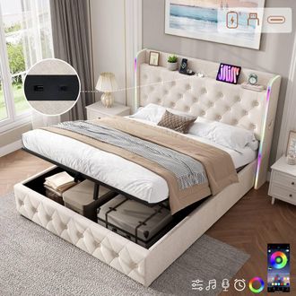 Matteo Beige Double Upholstered Bed Frame - Hydraulic Storage, LED & Charging