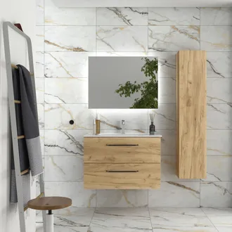 Cygnus Bath Mueble De Ba&ntilde;o Morai 80 Cm Roble Con Tirador Negro Con Lavabo De Porcelana