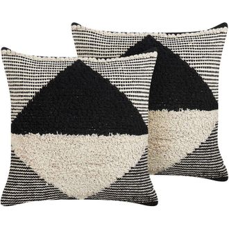 Beliani Set di 2 cuscini in cotone boho motivo geometrico 50 x 50 cm beige e nero Khora