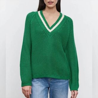 Velvet V-Neck Pullover Sweater In Grass