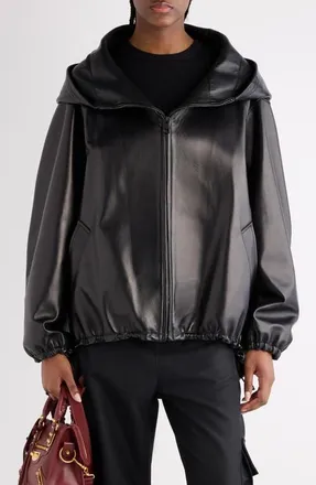 Balenciaga Relaxed Fit Smooth Leather Zip-Up Hoodie in 1000 Black at Nordstrom, Size 36