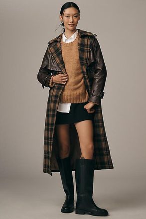 Avec Les Filles Faux Leather Oversized Plaid Trench Coat Jacket