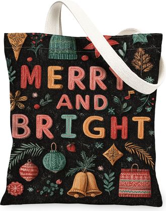 Generic Merry Bright Canvas Tote Bags, Holiday Floral Pattern Reusable Grocery Bags, Winter Vintage Lightweight Washable Shoulder S, Black, 13x15 Inch