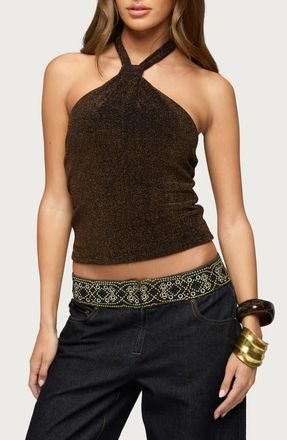 Edikted Katalya Glitter Halter Top in Brown at Nordstrom, Size X-Large