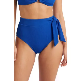 Change of Scenery Side Tie High Waist Textured Bikini Bottom with Full Coverage in Royal Blue Texture at Nordstrom, Size X-Small
