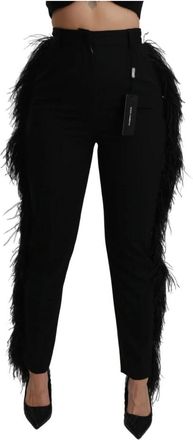 Dolce & Gabbana Luxe zwarte veren hoge taille broek - Dames - Slim Fit Broeken - Zwart - S - Wol - Broeken