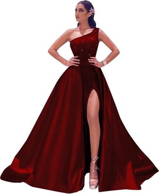 Generic Womens One Shoulder Sequin Prom Dresses Sparkly Mermaid Formal Long Satin Ball Gowns Wine Red 4XL