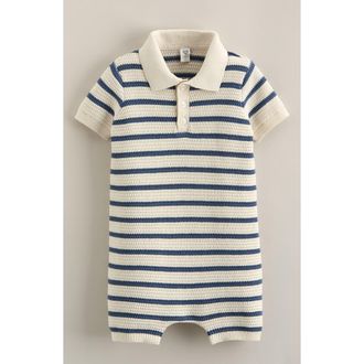 Nordstrom Cotton Polo Sweater Romper in Ivory Blue Gill Stripe at Nordstrom, Size 12M