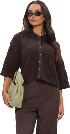 Object Object, Truien & Vesten, Dames, Bruin, XL, Wol, Kaisa Flora 3/4 Lo Gebreide Vest