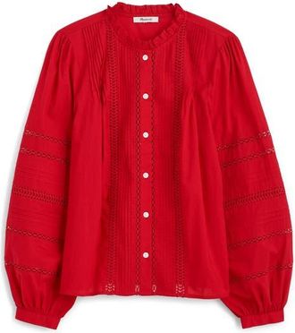 Madewell High Neck Lace Detail Pintuck Cotton Top in Cherry at Nordstrom, Size Xx-Small