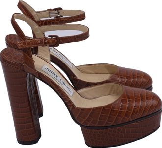 Jimmy Choo London Maple Croc-Embossed Platform Pumps in Brown Leather