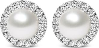 House of Brilliance 10K White Gold 4.5mm Cultured Freshwater Pearl and 1/7 Cttw Diamond Halo Stud Earring