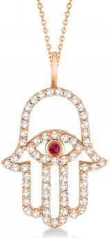 Allurez Diamond & Ruby Hamsa Evil Eye Pendant Necklace 14k Rose Gold (0.51ct)