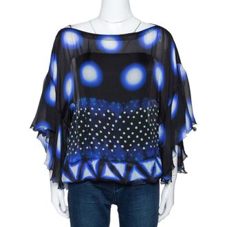 Roberto Cavalli Blue & Black Printed Silk Sheer Blouse S