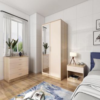 Elegant Lighting 3 Piece Bedroom Wardrobe with Mirror, 2 Door Soft Hinge Mirrored Wardrobe, 4 Drawer Chest of Drawers, Beside Cabinet, Cream/Oak Bedroom Furniture