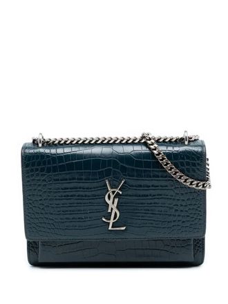 Saint Laurent Borsa a tracolla Sunset media in pelle di vitello goffrata effetto coccodrillo con battente 2018 - Blu