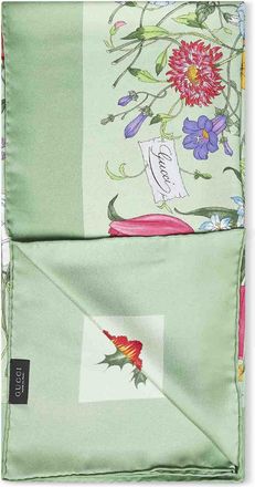 Gucci Womens Silk Twill Scarf Flora Print Green Scarfs