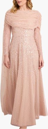 Needle & Thread Moonlight Sequin Draped Long Sleeve Gown in Biscuit at Nordstrom, Size 12