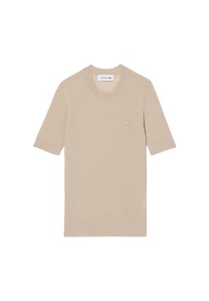 Lacoste Beige Short Sleeve Ribbed Knit Top