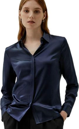 LilySilk Basic Concealed Placket Silk Shirt in Navy Blue at Nordstrom, Size X-Small