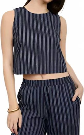 Moon River Linen Crop Top In Navy Stripe