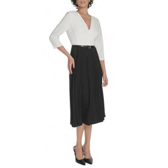 Tommy Hilfiger V-Neck Colorblock Midi Dress In Black Ivory