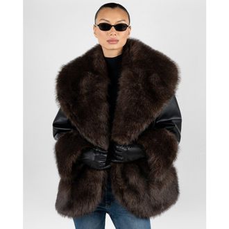 WeWoreWhat Cocoon Fur Jacket in Black/drk Brown at Nordstrom, Size Xx-Small
