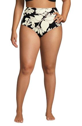 Lands End Chlorine Resistant Pinchless High Waisted Bikini Bottoms in Black/egret Lilies at Nordstrom, Size 26W