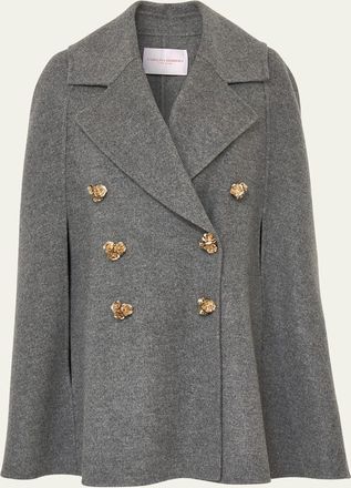 Carolina Herrera Flower-Button Double-Breasted Wool Cape