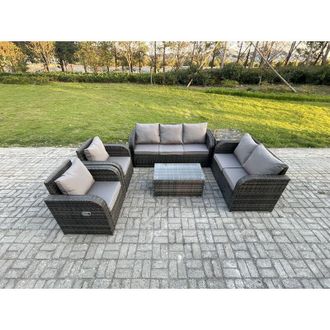 Fimous 7 Seater Rattan Wicker Garden Furniture Patio Conservatory Sofa Set with Rectangular Coffee Table 3 Seater Sofa Love Sofa 2 Big Footstool - Fimous