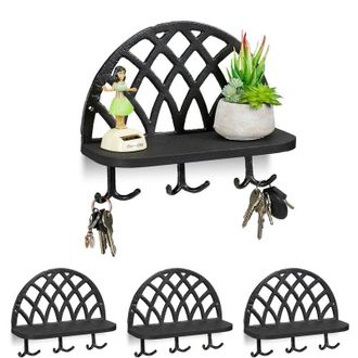 Relaxdays Relaxdays Set of 4 Coat Racks, Shelf & Hooks, Vintage Key Storage, Cast Iron, Wood, HWD: 23x27x12 cm, Black