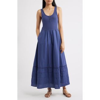 Marine Layer Lexi Rib & Poplin Sleeveless Midi Dress in Navy at Nordstrom, Size X-Large