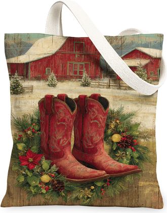Generic Winter Rustic Canvas Tote Bags, Cowboy Boots Floral Reusable Grocery Bags, Lightweight Washable Shoulder Strap Canvas for O, Red, 13x15 Inch