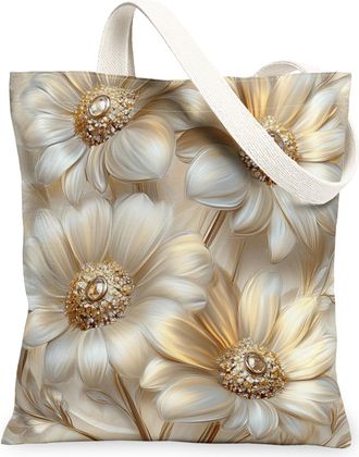 Generic Spring Daisy Flower Canvas Tote Bag for Shopping 13x15, 3D Style Luxury Florals Reusable Grocery Print Bag for Women, Cool Modern Beach Aesthetic Pain
