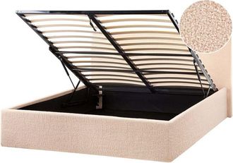 Beliani Bed Frame Beige Boucle Upholstery EU Small Double Size 4ft Lift Up Storage with Headboard ORBEY