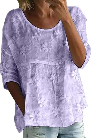 Generic Broderie Anglaise Tops Women Gauze Cotton Linen Shirts Crew Neck 3/4 Sleeve Ladies Loose Fit Casual Boho Tops Plus Size Summer Floral Print Lightweigh