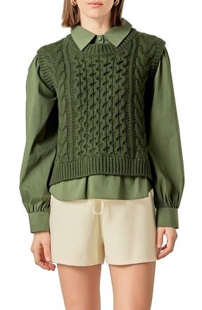 English Factory Mixed Media Cable Stitch Sweater in Olive at Nordstrom, Size Medium