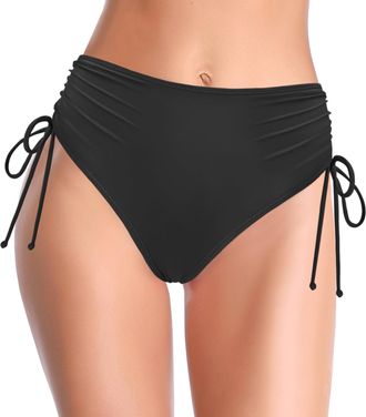SHEKINI Womens Bikini Bottoms High Waisted Swimsuits Ruched Tummy Control Retro Full Coverage Basic Swim Bottoms, Black, Medium