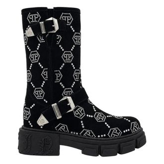 Philipp Plein Stivali in Camoscio con Strass Flat High Monogram - - Shoes - Donna - Nero - 36 EU