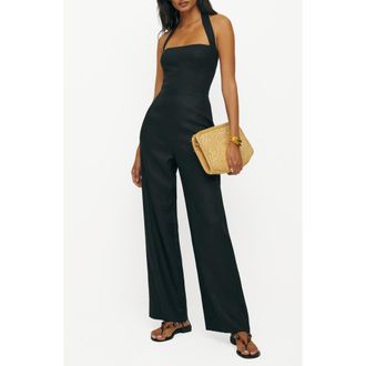Reformation Malika Linen Halter Jumpsuit in Black at Nordstrom, Size 10