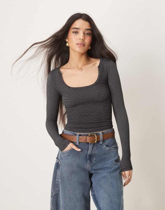 Free People ribbed scoop neck long sleeve top in washed black