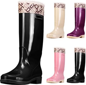 Generic Wellington Knee High Rain Boots for Women Size 6.5 Wellies Warm Fur Lined Slip On Rainboots Ladies Thermal Comfortable Garden Boots Waterproof Non-Sli