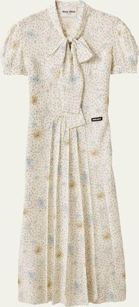 Miu Miu Floral Neck-Tie Short-Sleeve Midi Dress