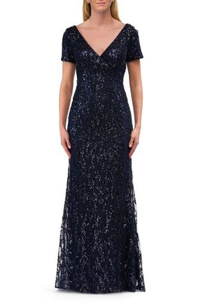 La Femme Empire Waist Evening Dress with Print Sequin Design in Navy at Nordstrom, Size 10