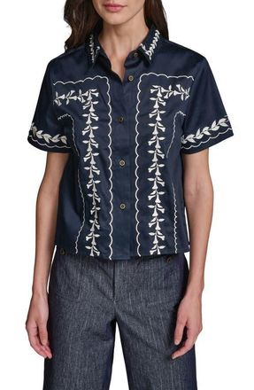 Karl Lagerfeld Embroidered Button-Up Shirt in Midnight Navy at Nordstrom, Size X-Large