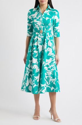 Anne Klein Floral Print Midi Dress in Beryl Green/Crispt White at Nordstrom, Size 16P