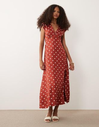 Nobody's Child Norma - Vestito midi rosso a pois con scollo a V e maniche ad aletta con volant