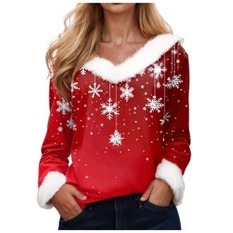Generic Womens Christmas Sweatshirt 2025 V Neck Pullover Tops T-Shirts with Soft Long Sleeve Cozy Holiday Sweater Feature Classic Christmas Tree and Snowflake